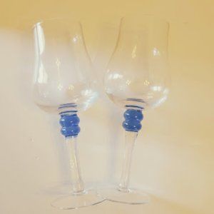 SET OF 2 TULIP SHAPED WINE GLASSES WITH COBALT BLUE ACCENTS